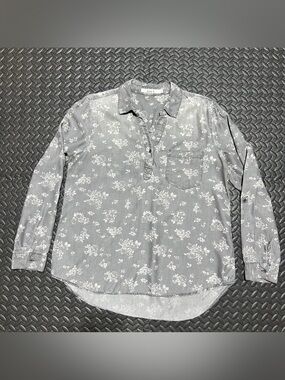 Love 83 Tunic Shirt Floral Top Roll Tab Sleeve Collared Lyocell Womens Large